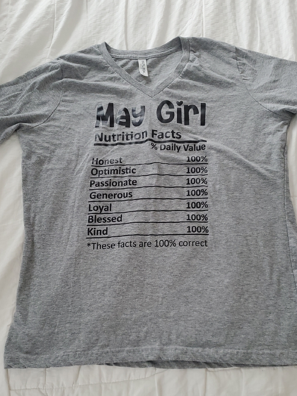 May Girl Gray V-Neck Kids Tee with Nutrition Facts Graphic